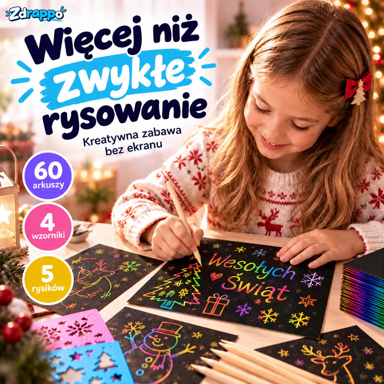 Zdrappo - Tęczowy Zestaw Kreatywny Bez Ekranu (60 arkuszy + 4 wzorniki gratis) 1
